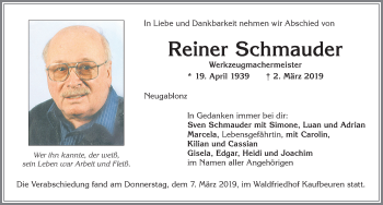 Traueranzeige von Reiner Schmauder von Allgäuer Zeitung, Kaufbeuren/Buchloe