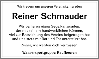 Traueranzeige von Reiner Schmauder von Allgäuer Zeitung, Kaufbeuren/Buchloe
