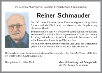 Traueranzeige von Reiner Schmauder von Allgäuer Zeitung, Kaufbeuren/Buchloe