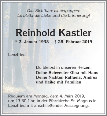 Traueranzeige von Reinhold Kastler von Allgäuer Zeitung,Kempten