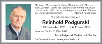 Traueranzeige von Reinhold Podgurski von Allgäuer Zeitung,Kempten
