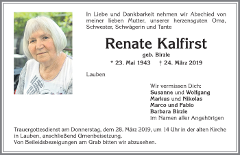 Traueranzeige von Renate Kalfirst von Allgäuer Zeitung,Kempten