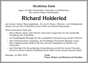 Traueranzeige von Richard Holderied von Allgäuer Zeitung,Kempten