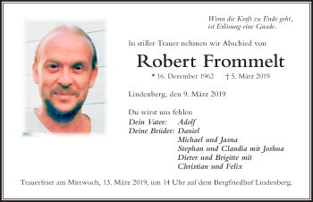 Traueranzeige von Robert Frommelt von Der Westallgäuer