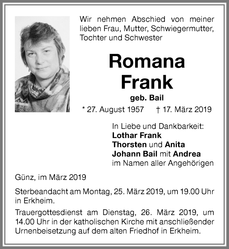  Traueranzeige für Romana Frank vom 22.03.2019 aus Memminger Zeitung