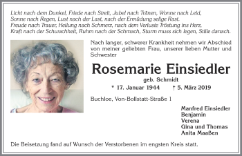 Traueranzeige von Rosemarie Einsiedler von Allgäuer Zeitung, Kaufbeuren/Buchloe