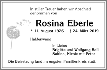 Traueranzeige von Rosina Eberle von Allgäuer Zeitung,Kempten
