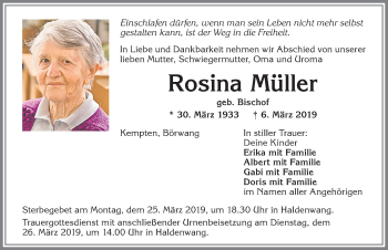 Traueranzeige von Rosina Müller von Allgäuer Zeitung,Kempten