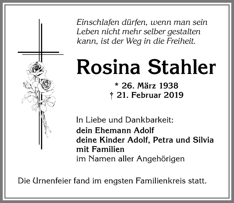  Traueranzeige für Rosina Stahler vom 09.03.2019 aus Allgäuer Zeitung,Kempten