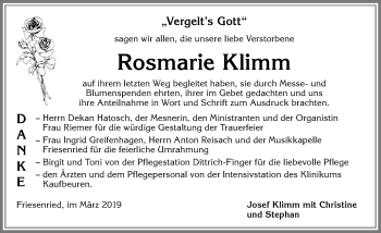 Traueranzeige von Rosmarie Klimm von Allgäuer Zeitung, Kaufbeuren/Buchloe