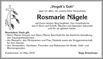 Traueranzeige von Rosmarie Nägele von Allgäuer Zeitung, Kaufbeuren/Buchloe