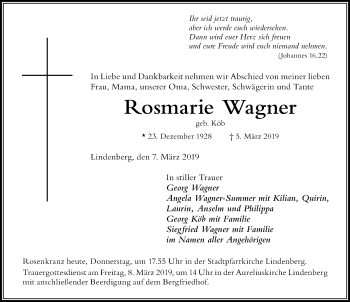 Traueranzeige von Rosmarie Wagner von Der Westallgäuer