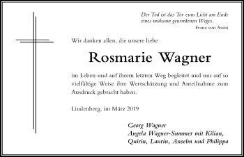 Traueranzeige von Rosmarie Wagner von Der Westallgäuer