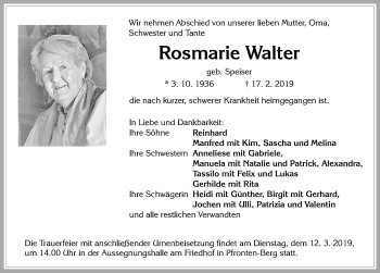 Traueranzeige von Rosmarie Walter von Allgäuer Zeitung, Füssen