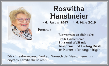 Traueranzeige von Roswitha Hanslmeier von Allgäuer Zeitung,Kempten