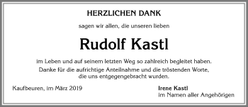 Traueranzeige von Rudolf Kastl von Allgäuer Zeitung, Kaufbeuren/Buchloe