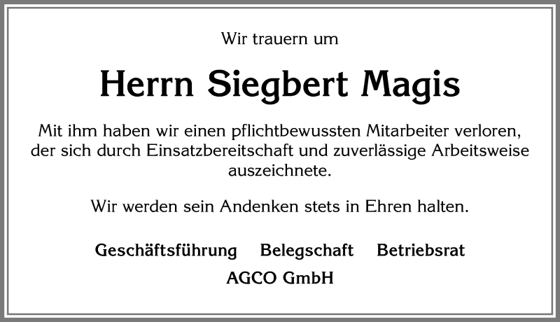  Traueranzeige für Siegbert Magis vom 01.03.2019 aus Allgäuer Zeitung, Marktoberdorf
