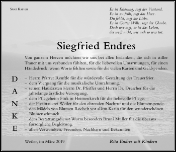 Traueranzeige von Siegfried Endres von Der Westallgäuer