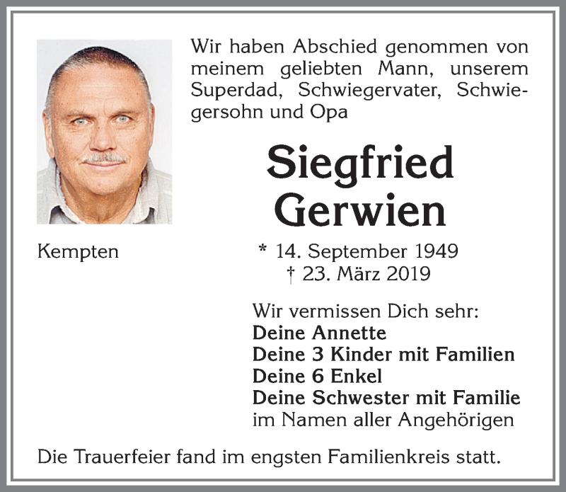  Traueranzeige für Siegfried Gerwien vom 30.03.2019 aus Allgäuer Zeitung,Kempten