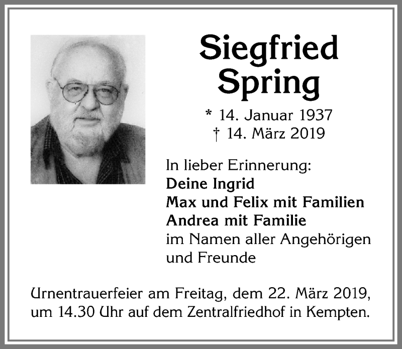  Traueranzeige für Siegfried Spring vom 19.03.2019 aus Allgäuer Zeitung,Kempten
