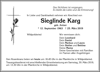 Traueranzeige von Sieglinde Karg von Allgäuer Zeitung,Kempten
