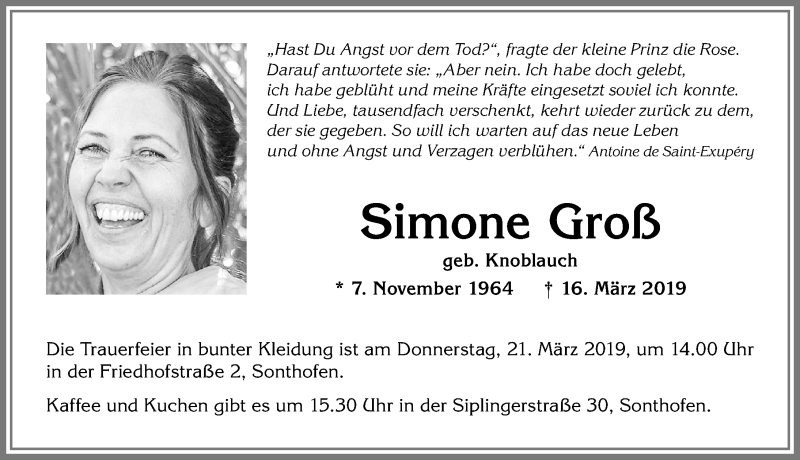  Traueranzeige für Simone Groß vom 19.03.2019 aus Allgäuer Anzeigeblatt
