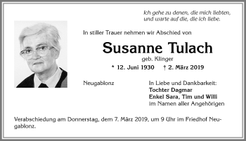 Traueranzeige von Susanne Tulach von Allgäuer Zeitung, Kaufbeuren/Buchloe