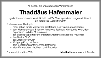 Traueranzeige von Thaddäus Hafenmaier von Allgäuer Zeitung,Kempten
