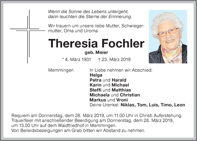  Traueranzeige für Theresia Fochler vom 26.03.2019 aus Memminger Zeitung
