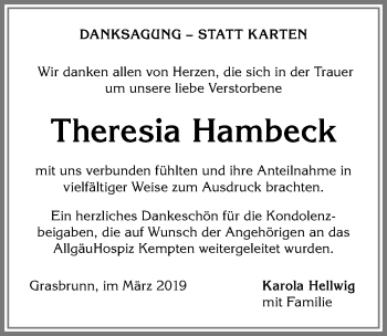 Traueranzeige von Theresia Hambeck von Allgäuer Zeitung,Kempten