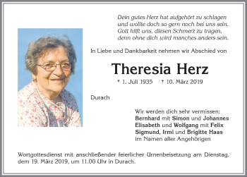 Traueranzeige von Theresia Herz von Allgäuer Zeitung,Kempten