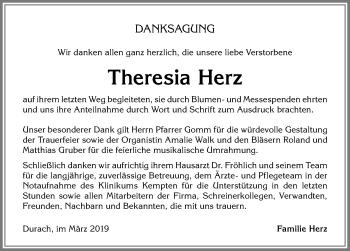 Traueranzeige von Theresia Herz von Allgäuer Zeitung,Kempten