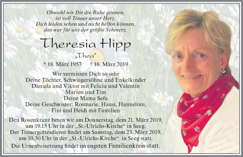  Traueranzeige für Theresia Hipp vom 21.03.2019 aus Allgäuer Zeitung