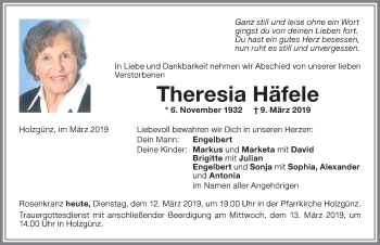 Traueranzeige von Theresia Häfele von Memminger Zeitung