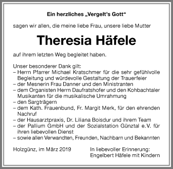 Traueranzeige von Theresia Häfele von Memminger Zeitung