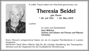 Traueranzeige von Theresia Seidel von Allgäuer Zeitung,Kempten