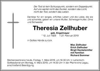 Traueranzeige von Theresia Zelthuber von Memminger Zeitung