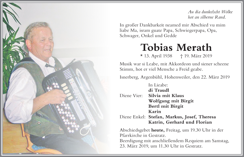  Traueranzeige für Tobias Merath vom 22.03.2019 aus Der Westallgäuer