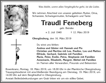 Traueranzeige von Traudl Feneberg von Allgäuer Zeitung, Marktoberdorf