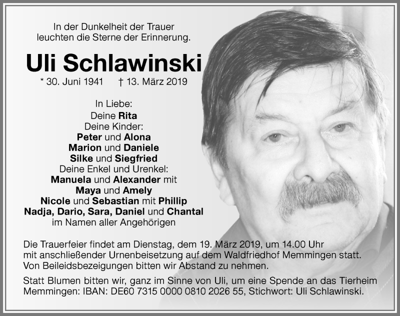  Traueranzeige für Uli Schlawinski vom 16.03.2019 aus Memminger Zeitung