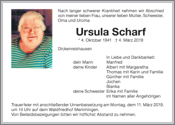 Traueranzeige von Ursula Scharf von Memminger Zeitung