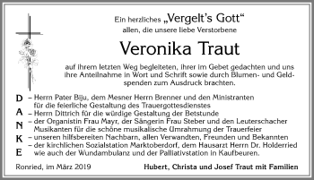 Traueranzeige von Veronika Traut von Allgäuer Zeitung, Marktoberdorf