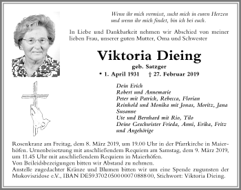 Traueranzeige von Viktoria Dieing von Der Westallgäuer