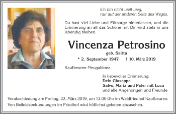Traueranzeige von Vincenza Petrosino von Allgäuer Zeitung, Kaufbeuren/Buchloe