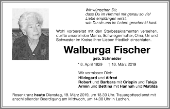 Traueranzeige von Walburga Fischer von Memminger Zeitung