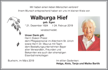 Traueranzeige von Walburga Hief von Memminger Zeitung