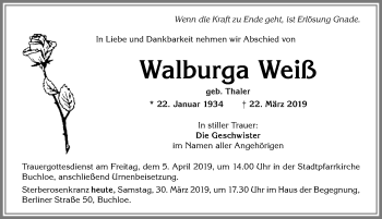Traueranzeige von Walburga Weiß von Allgäuer Zeitung, Kaufbeuren/Buchloe