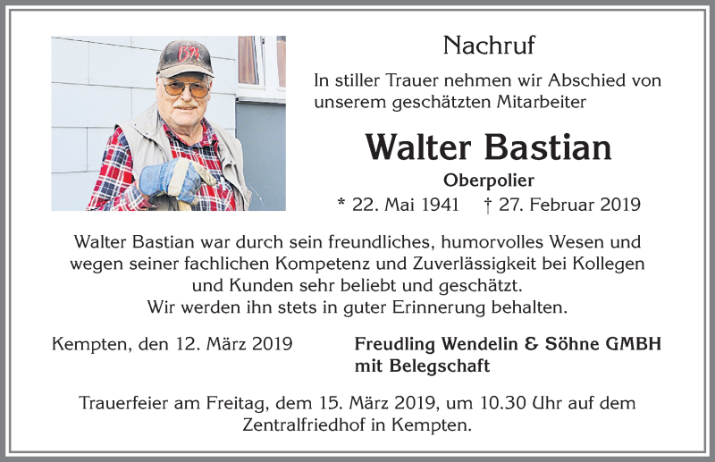  Traueranzeige für Walter Bastian vom 12.03.2019 aus Allgäuer Zeitung,Kempten