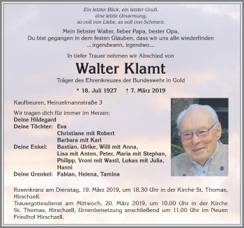 Traueranzeige von Walter Klamt von Allgäuer Zeitung, Kaufbeuren/Buchloe