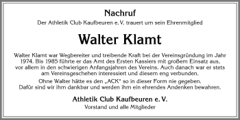 Traueranzeige von Walter Klamt von Allgäuer Zeitung, Kaufbeuren/Buchloe